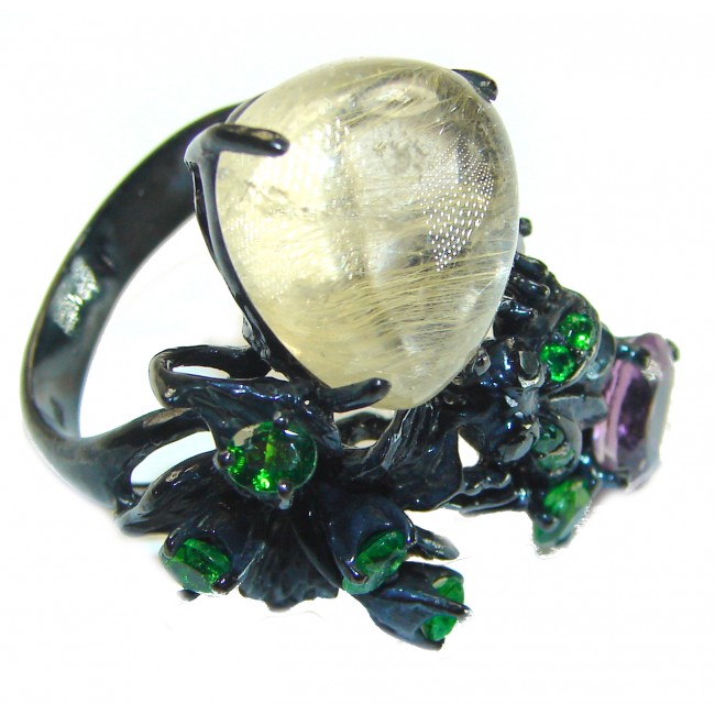 Large Best quality Golden Rutilated Quartz black rhodium over .925 Sterling Silver handcrafted Ring Size 8 1/4