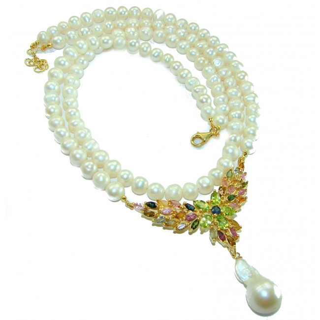 Baroque style Beauty freshewater Pearls Tourmaline 14K Gold over .925 Sterling Silver handcrafted Necklace