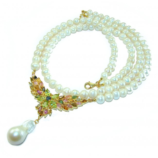 Baroque style Beauty freshewater Pearls Tourmaline 14K Gold over .925 Sterling Silver handcrafted Necklace