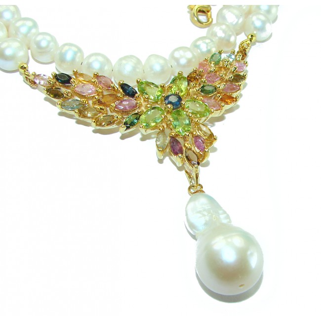 Baroque style Beauty freshewater Pearls Tourmaline 14K Gold over .925 Sterling Silver handcrafted Necklace