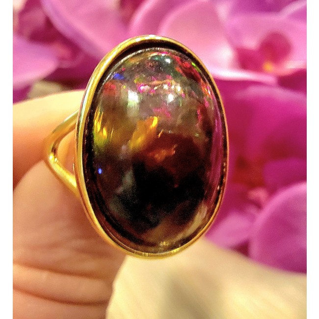 A Milky Way Genuine 24.9 carat Black Opal 18K Gold over .925 Sterling Silver handmade Ring size 8 1/4