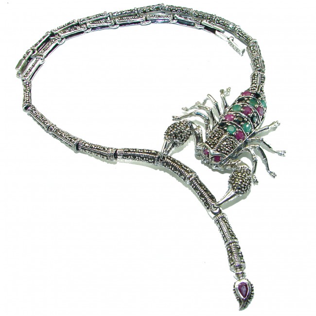 Large SCORPIO Genuine Ruby Emerald Marcasite .925 Sterling Silver handmade handcrafted Necklace