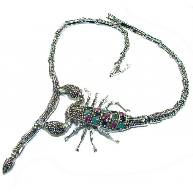 Large SCORPIO Genuine Ruby Emerald Marcasite .925 Sterling Silver handmade handcrafted Necklace