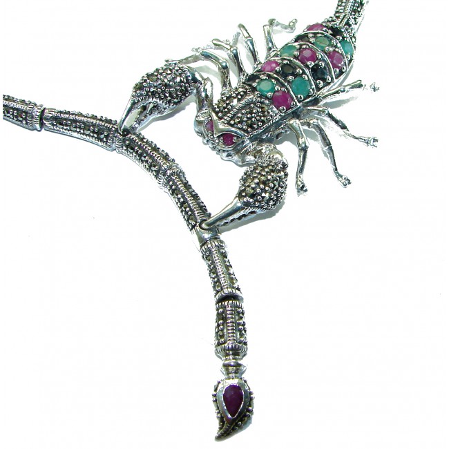 Large SCORPIO Genuine Ruby Emerald Marcasite .925 Sterling Silver handmade handcrafted Necklace