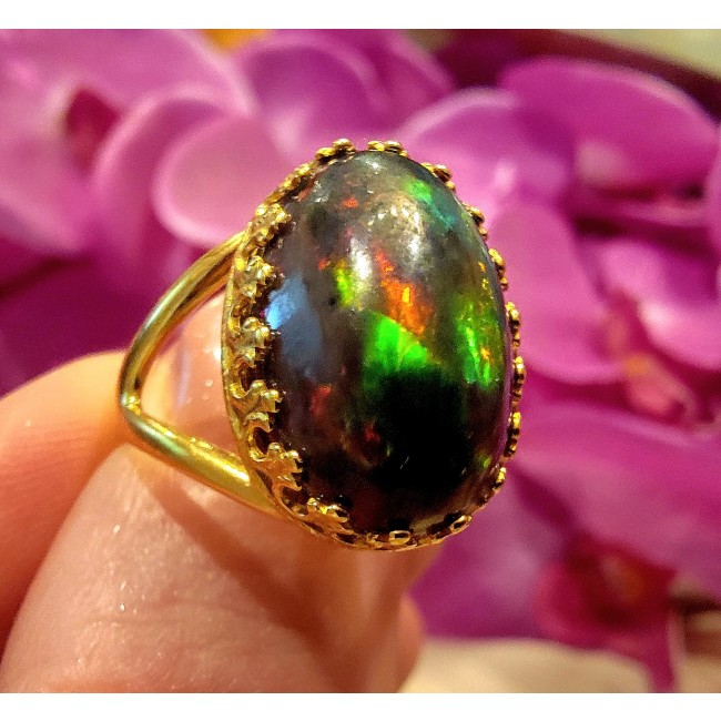 Remote Galaxy Genuine 17.9 carat Black Opal 18K Gold over .925 Sterling Silver handmade Ring size 7 1/2