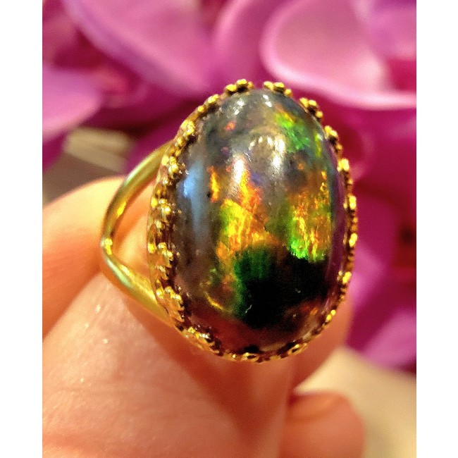 Remote Galaxy Genuine 17.9 carat Black Opal 18K Gold over .925 Sterling Silver handmade Ring size 7 1/2