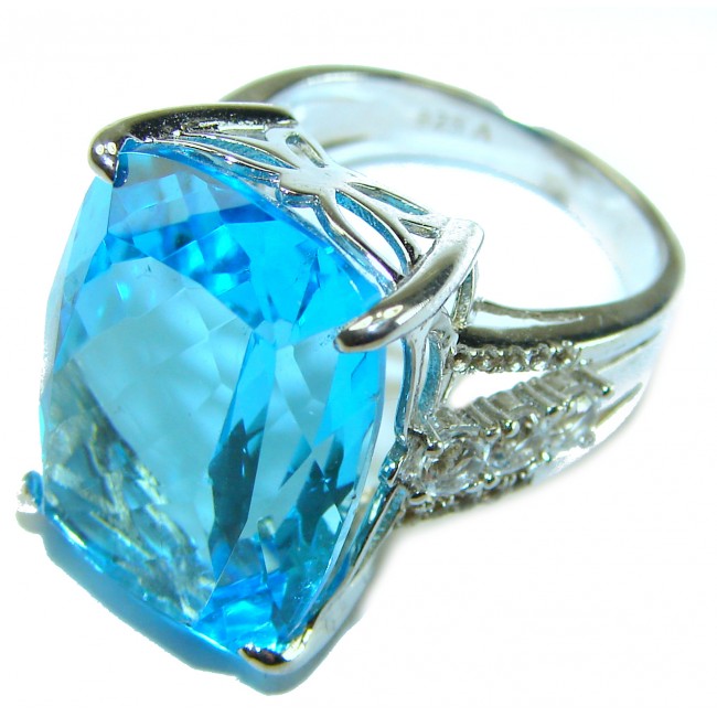 Electric Blue 28.5 carat Blue Swiss Topaz .925 Sterling Silver handcrafted Ring size 7 1/4