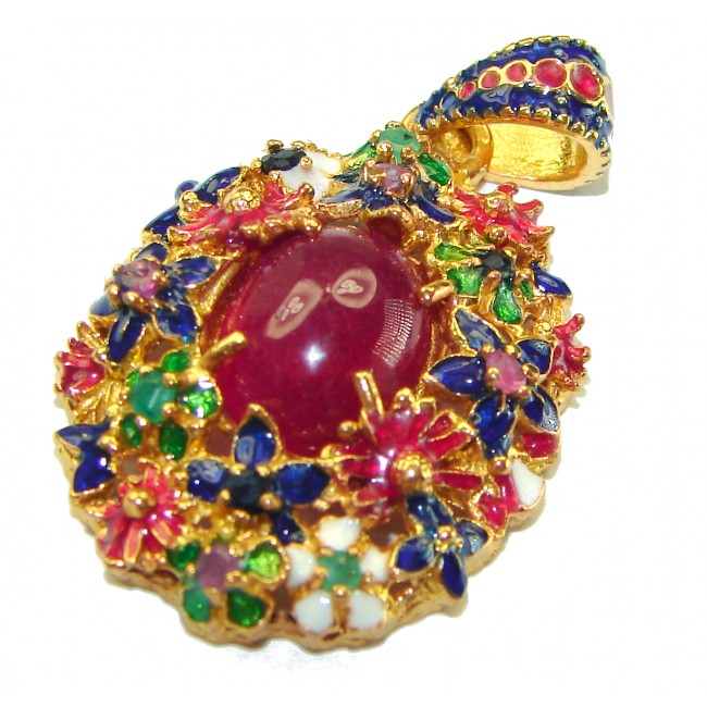 Enchanted Garden Ruby Enamel 14K Gold over .925 Sterling Silver handmade Pendant