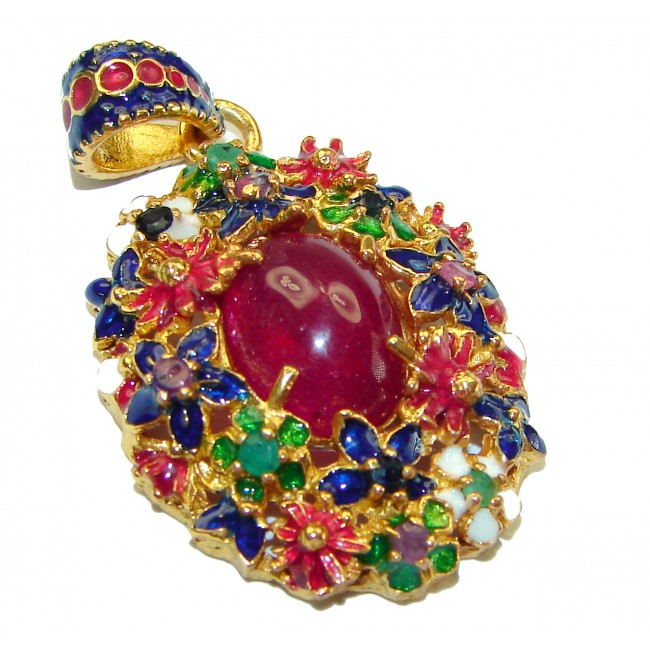 Enchanted Garden Ruby Enamel 14K Gold over .925 Sterling Silver handmade Pendant