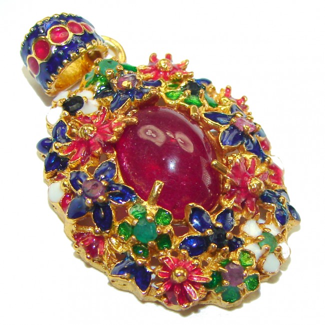 Enchanted Garden Ruby Enamel 14K Gold over .925 Sterling Silver handmade Pendant