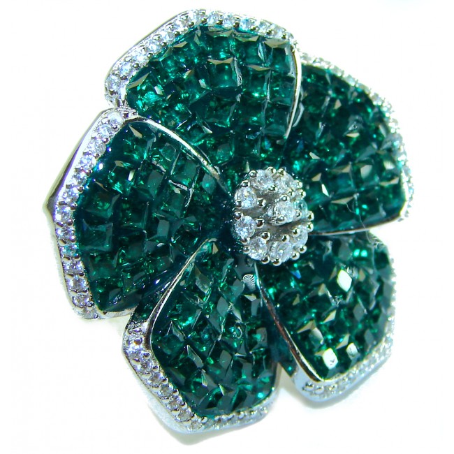 Fancy Flower Authentic Emerald .925 Sterling Silver handmade Statement Ring size 6 1/4