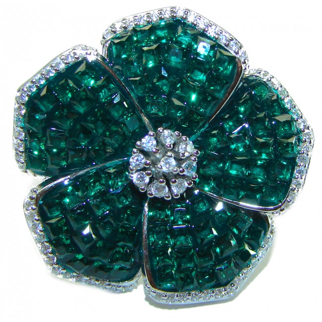 Fancy Flower Authentic Emerald .925 Sterling Silver handmade Statement Ring size 6 1/4