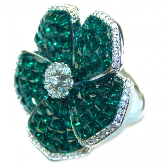 Fancy Flower Authentic Emerald .925 Sterling Silver handmade Statement Ring size 6 1/4