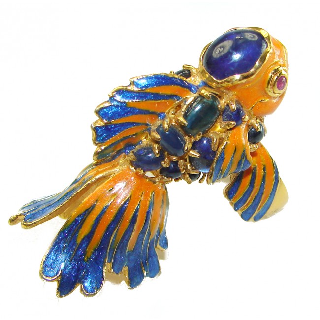 Lucky Blue Fish Enamel authentic Sapphire 18K Gold over .925 Sterling Silver Huge handcrafted Ring s. 6 1/4