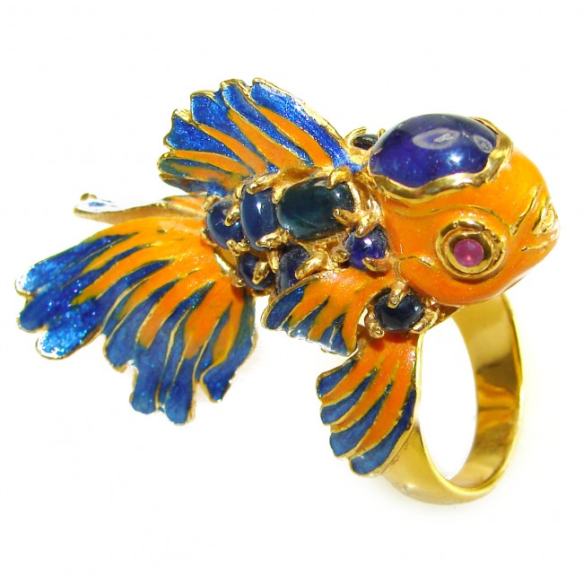 Lucky Blue Fish Enamel authentic Sapphire 18K Gold over .925 Sterling Silver Huge handcrafted Ring s. 6 1/4