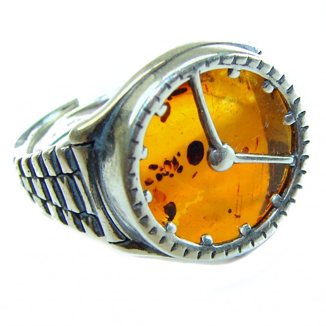 It's 4 O'Clock Somewhere Watch Authentic Baltic Amber .925 Sterling Silver handcrafted ring; s. 7 adjustable