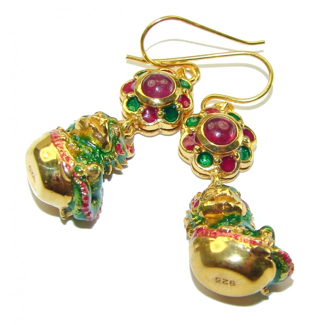 Green Frogs Authentic Ruby Enamel 18K Gold over .925 Sterling Silver handcrafted earrings