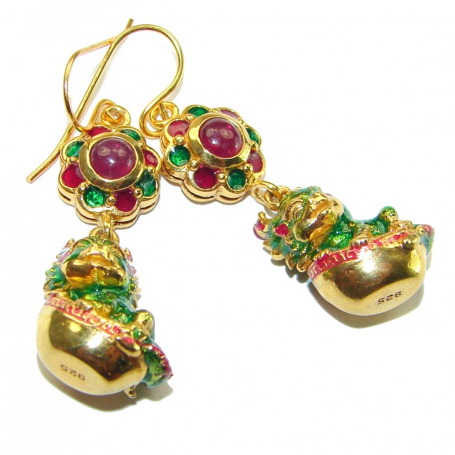 Green Frogs Authentic Ruby Enamel 18K Gold over .925 Sterling Silver handcrafted earrings