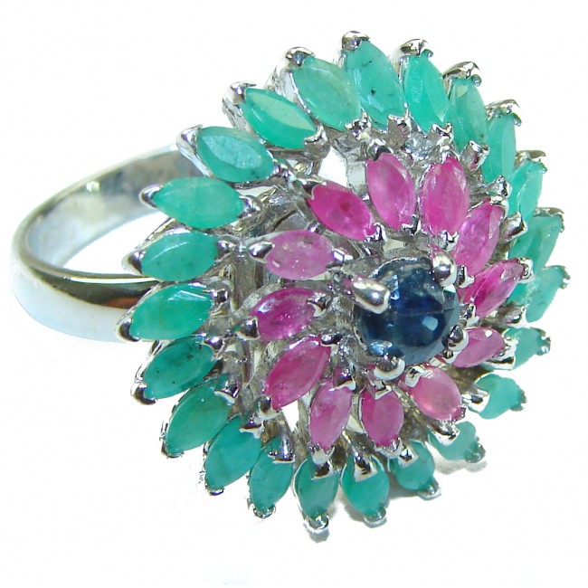 Brazilian Fiesta Authentic Ruby Emerald Sapphire .925 Sterling Silver Ring s. 8