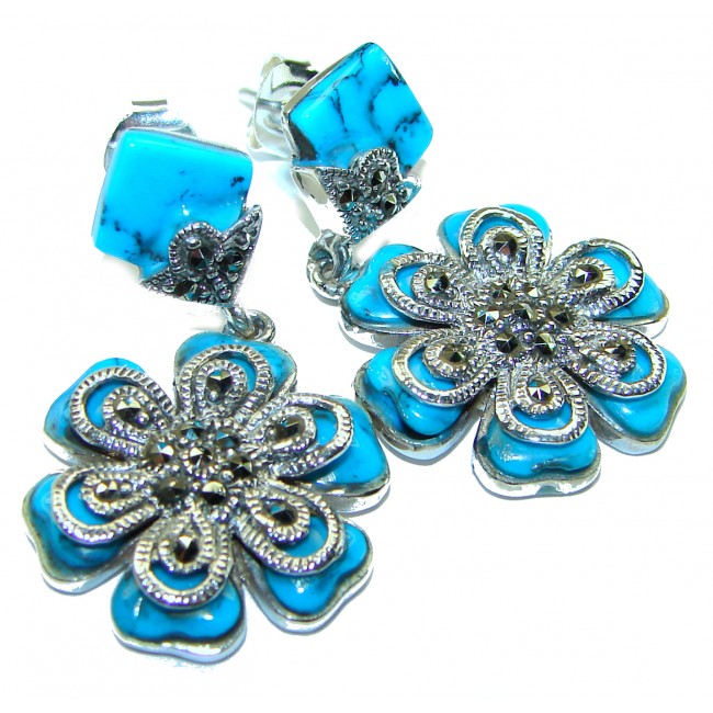 One of a kind Precious natural Turquoise .925 Sterling Silver handcrafted Earrings