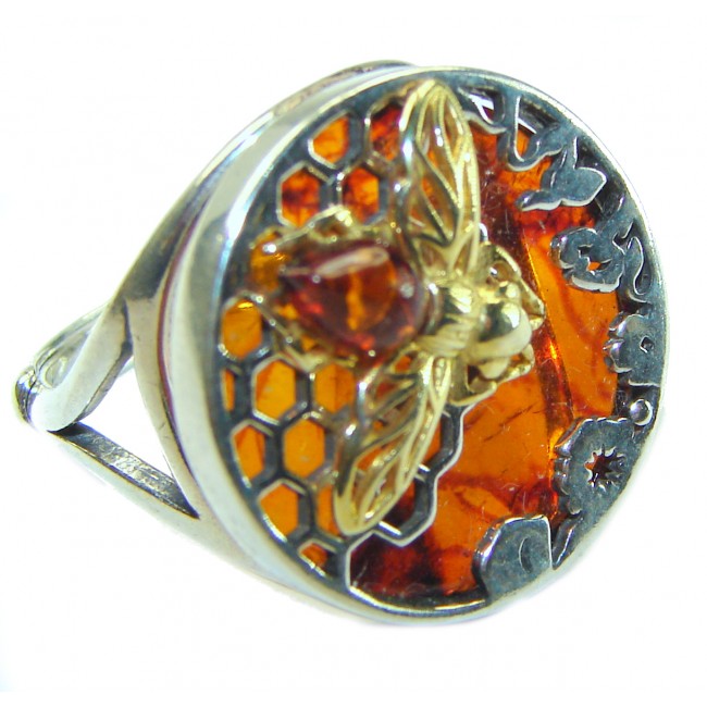 Masterpiece Honey Bee Baltic Polish Amber .925 Sterling Silver handcrafted ring; s 6 3/4