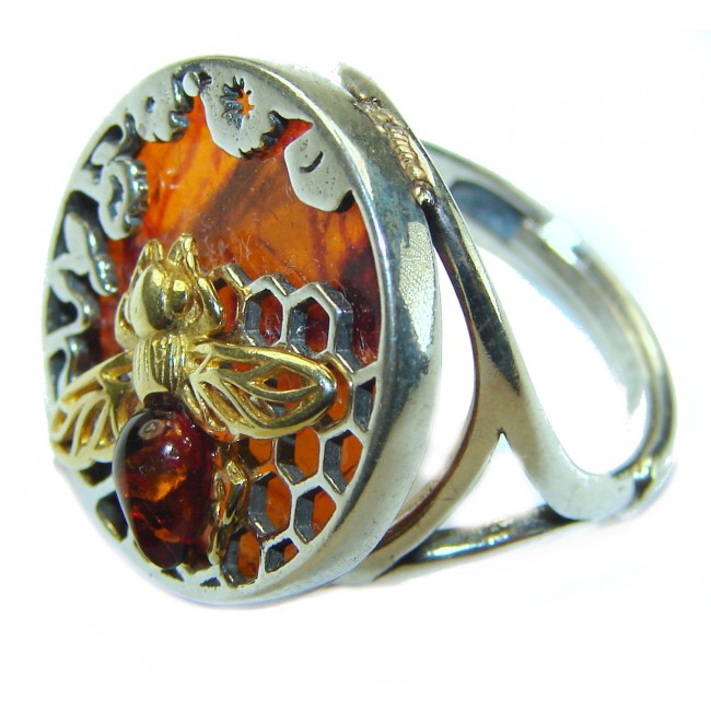 Masterpiece Honey Bee Baltic Polish Amber .925 Sterling Silver handcrafted ring; s 6 3/4