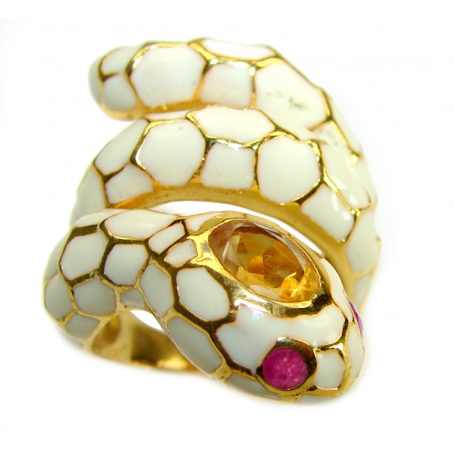 White Snake - symbolizes supernatural power- Enamel Citrine 18K Gold over .925 Sterling Silver Huge handcrafted Ring s. 8