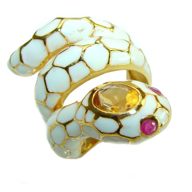 White Snake - symbolizes supernatural power- Enamel Citrine 18K Gold over .925 Sterling Silver Huge handcrafted Ring s. 8