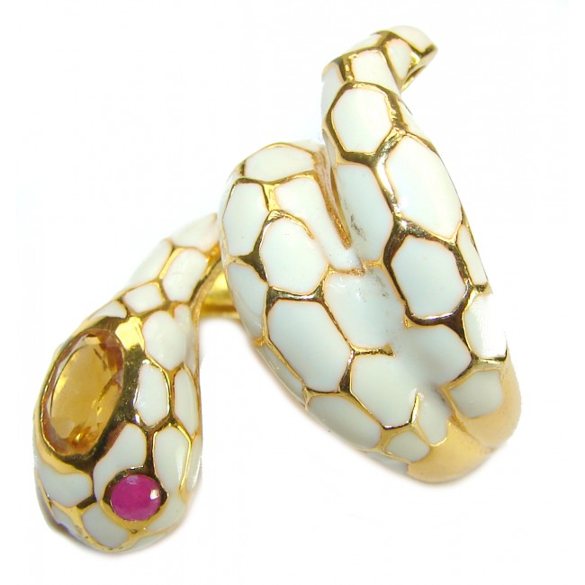 White Snake - symbolizes supernatural power- Enamel Citrine 18K Gold over .925 Sterling Silver Huge handcrafted Ring s. 8