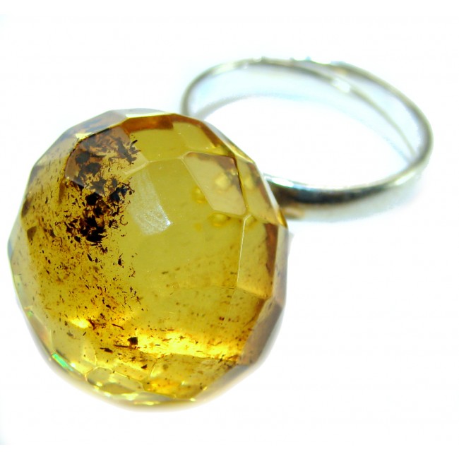 Modern Concept Golden Sphere - Natural faceted Baltic Amber .925 Sterling Silver ring s. 8 adjustable