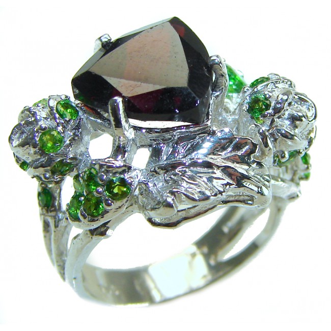 Floral Design Authentic Garnet .925 Sterling Silver handcrafted Ring size 9 1/2