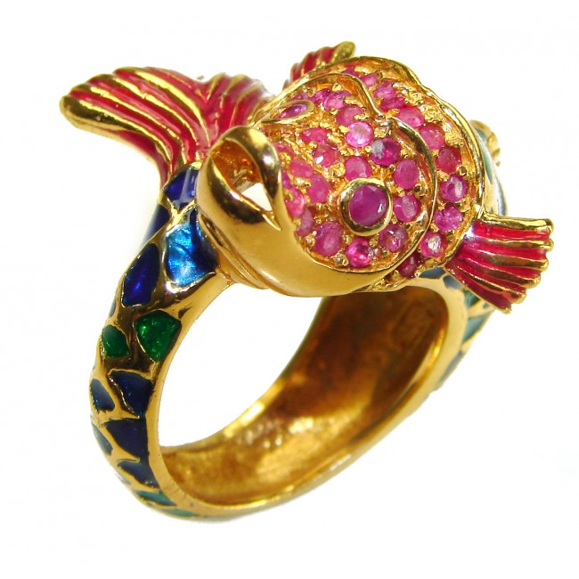 Lucky Fish Enamel Ruby 18K Gold over .925 Sterling Silver Huge handcrafted Ring s. 8 1/4