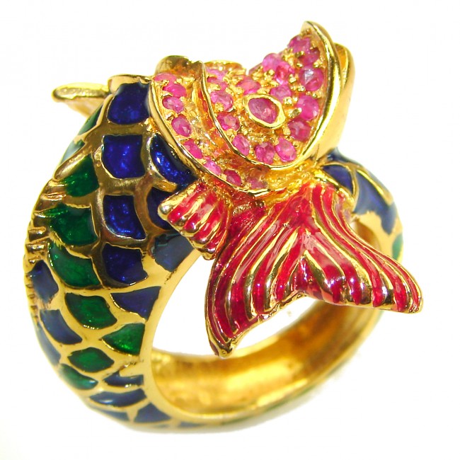 Lucky Fish Enamel Ruby 18K Gold over .925 Sterling Silver Huge handcrafted Ring s. 8 1/4