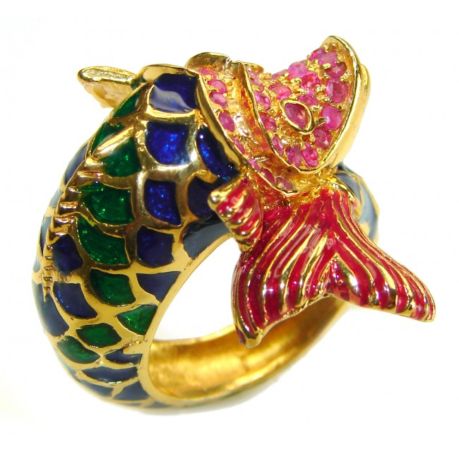 Lucky Fish Enamel Ruby 18K Gold over .925 Sterling Silver Huge handcrafted Ring s. 8 1/4