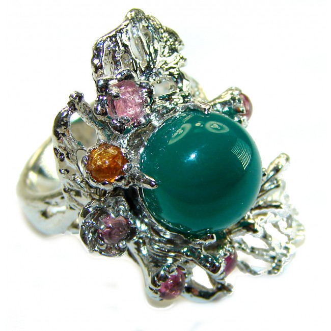 Vintage Style Jade Tourmaline .925 Sterling Silver handmade Cocktail Ring s. 8