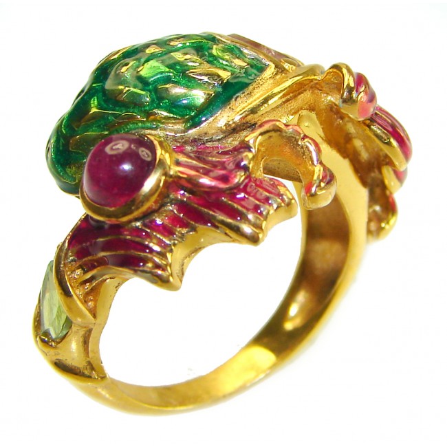 Luxurious Lucky Fish Ruby Enamel 18K Gold over .925 Sterling Silver Huge handcrafted Ring s. 7 1/4