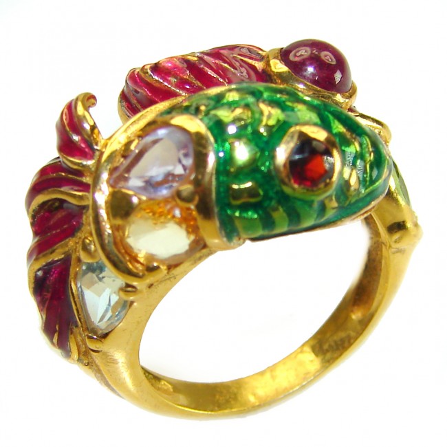 Luxurious Lucky Fish Ruby Enamel 18K Gold over .925 Sterling Silver Huge handcrafted Ring s. 7 1/4