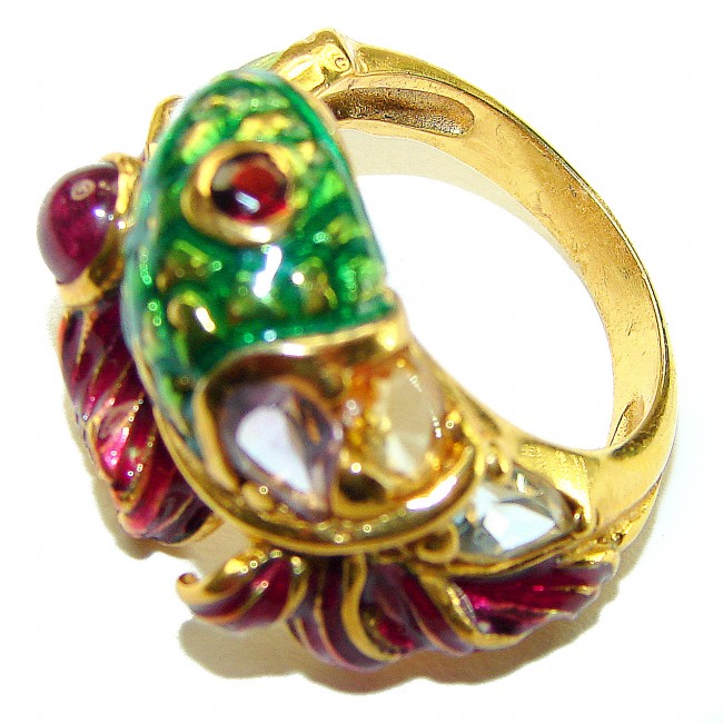 Luxurious Lucky Fish Ruby Enamel 18K Gold over .925 Sterling Silver Huge handcrafted Ring s. 7 1/4