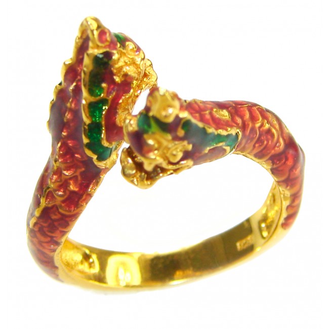 Dragon - symbolizes supernatural power- Enamel Ruby 18K Gold over .925 Sterling Silver Huge handcrafted Ring s. 8