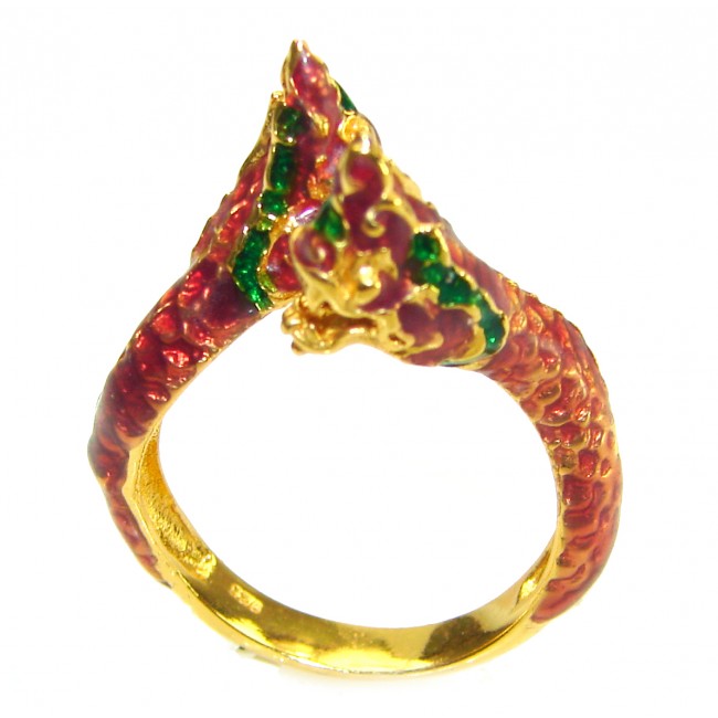 Dragon - symbolizes supernatural power- Enamel Ruby 18K Gold over .925 Sterling Silver Huge handcrafted Ring s. 8