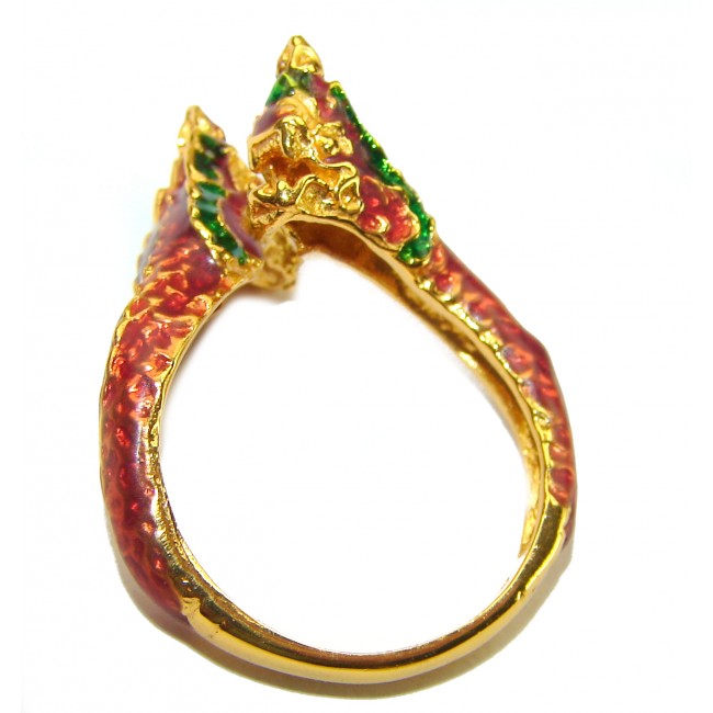 Dragon - symbolizes supernatural power- Enamel Ruby 18K Gold over .925 Sterling Silver Huge handcrafted Ring s. 8