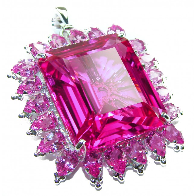 Baguette cut cut 56.4 carat Fuchsia Pink Topaz .925 Sterling Silver handcrafted pendant