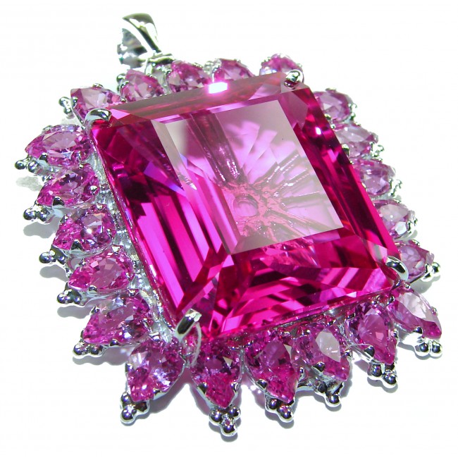 Baguette cut cut 56.4 carat Fuchsia Pink Topaz .925 Sterling Silver handcrafted pendant