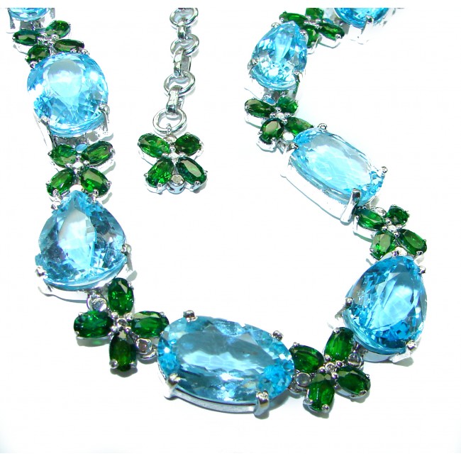 Ocean Drops authentic 258.5 CARAT Swiss Blue Topaz Chrome Diopside .925 Sterling Silver handcrafted necklace