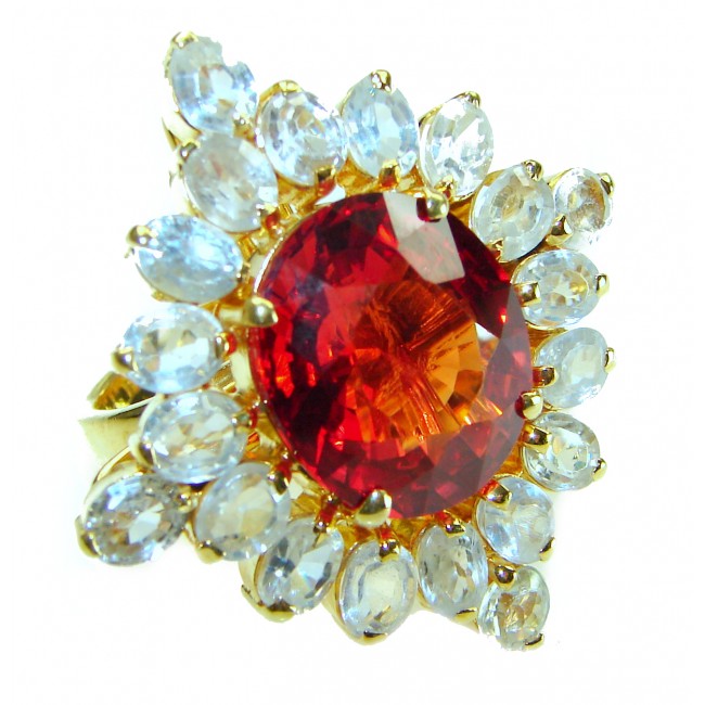 Orange Garnet oval cut 28.5 carat Topaz 14K Gold over .925 Silver handcrafted Cocktail MASSIVE Ring s. 8