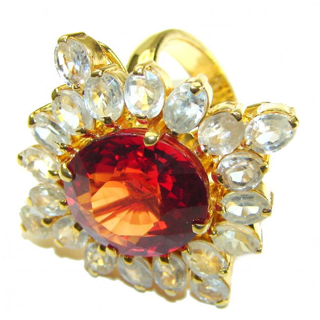 Orange Garnet oval cut 28.5 carat Topaz 14K Gold over .925 Silver handcrafted Cocktail MASSIVE Ring s. 8