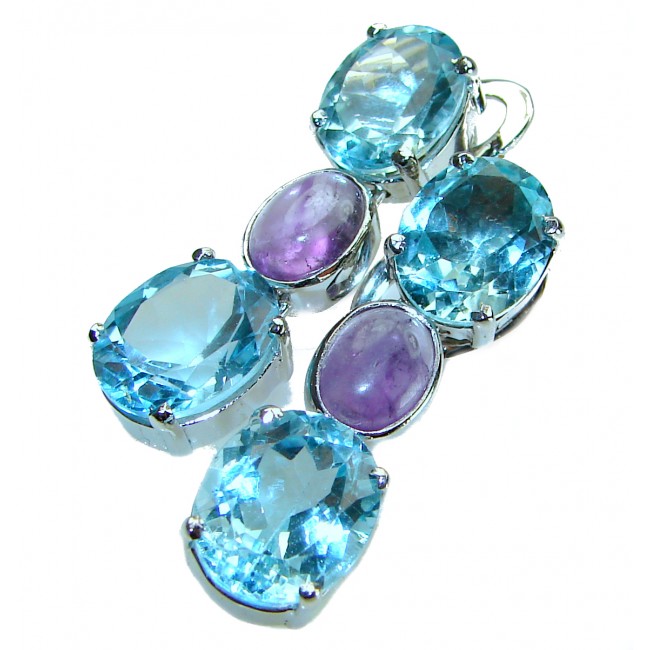 Allure Natural Amethyst Swiss Blue Topaz .925 Sterling Silver handcrafted Statement earrings