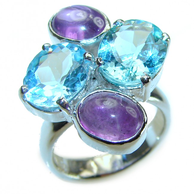 Allure Natural Amethyst Swiss Blue Topaz .925 Sterling Silver handcrafted Statement Ring size 7 3/4