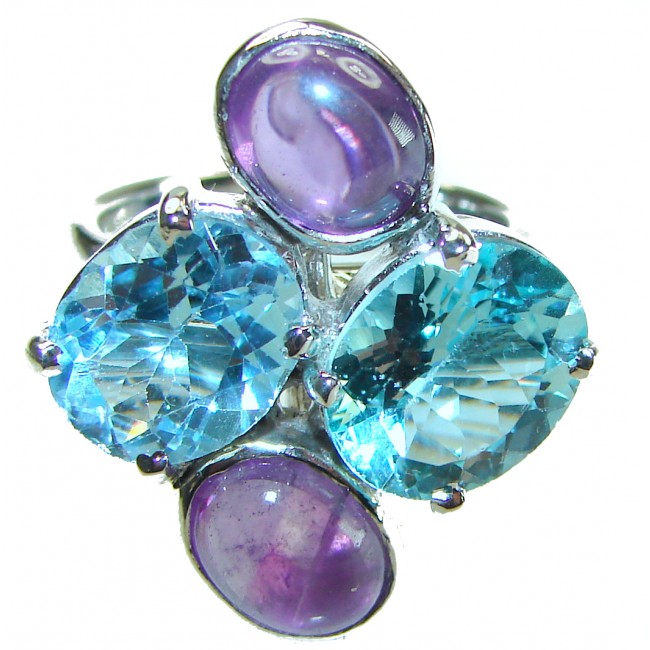 Allure Natural Amethyst Swiss Blue Topaz .925 Sterling Silver handcrafted Statement Ring size 7 3/4