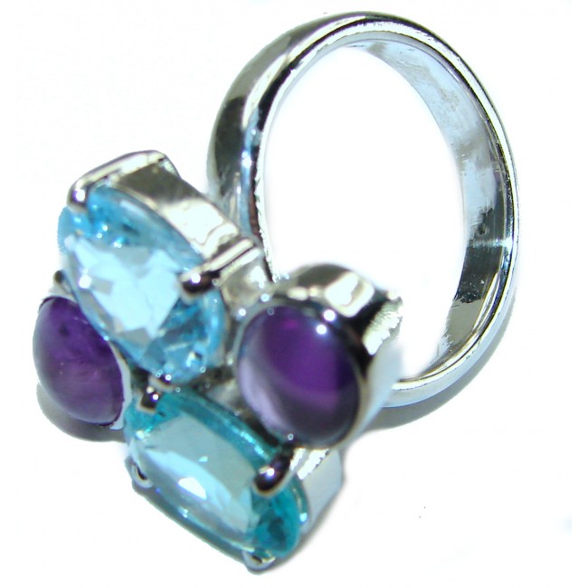 Allure Natural Amethyst Swiss Blue Topaz .925 Sterling Silver handcrafted Statement Ring size 7 3/4